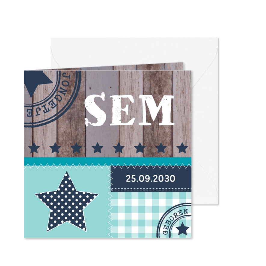 Geboortekaartje jongen stoer ruitjes ster houtlook - Kaartimpressie