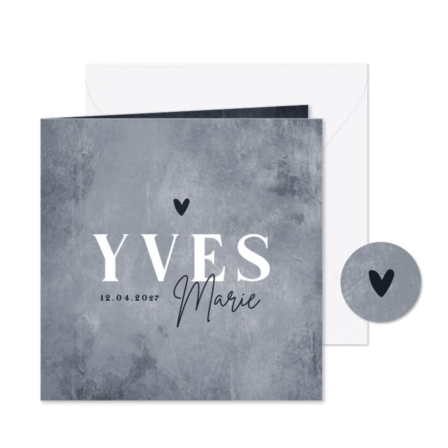 Geboortekaartje jongen stoer stijlvol waterverf grijs zilver - Kaartimpressie