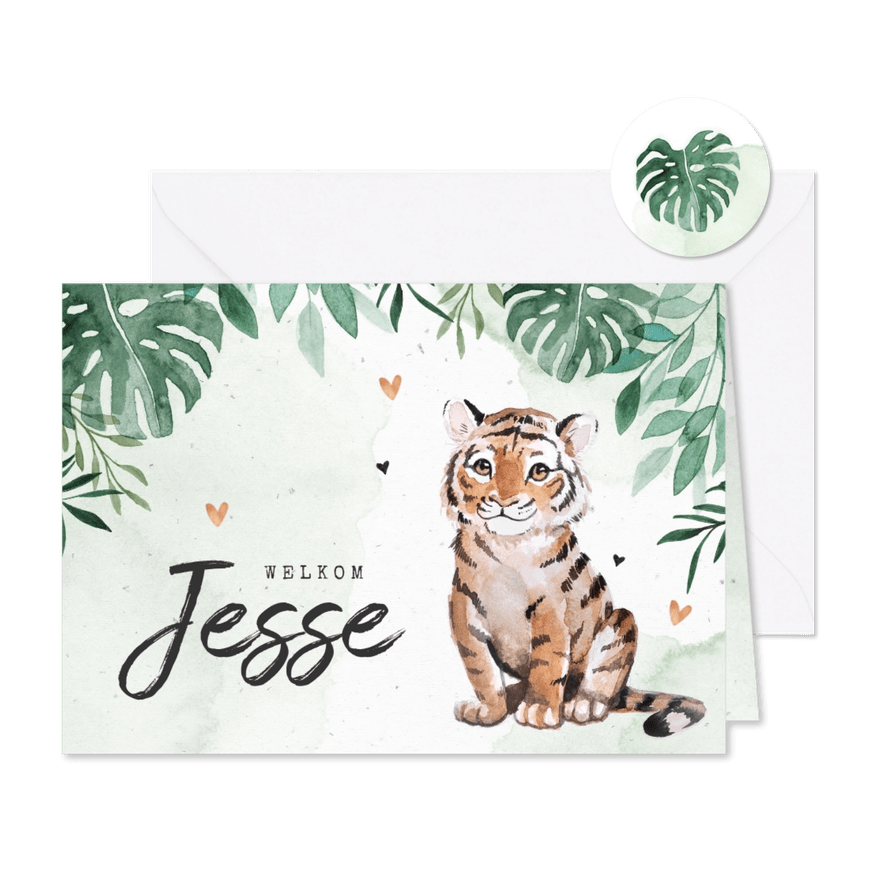 Geboortekaartje jongen tijgertje botanisch groen waterverf - Kaartimpressie