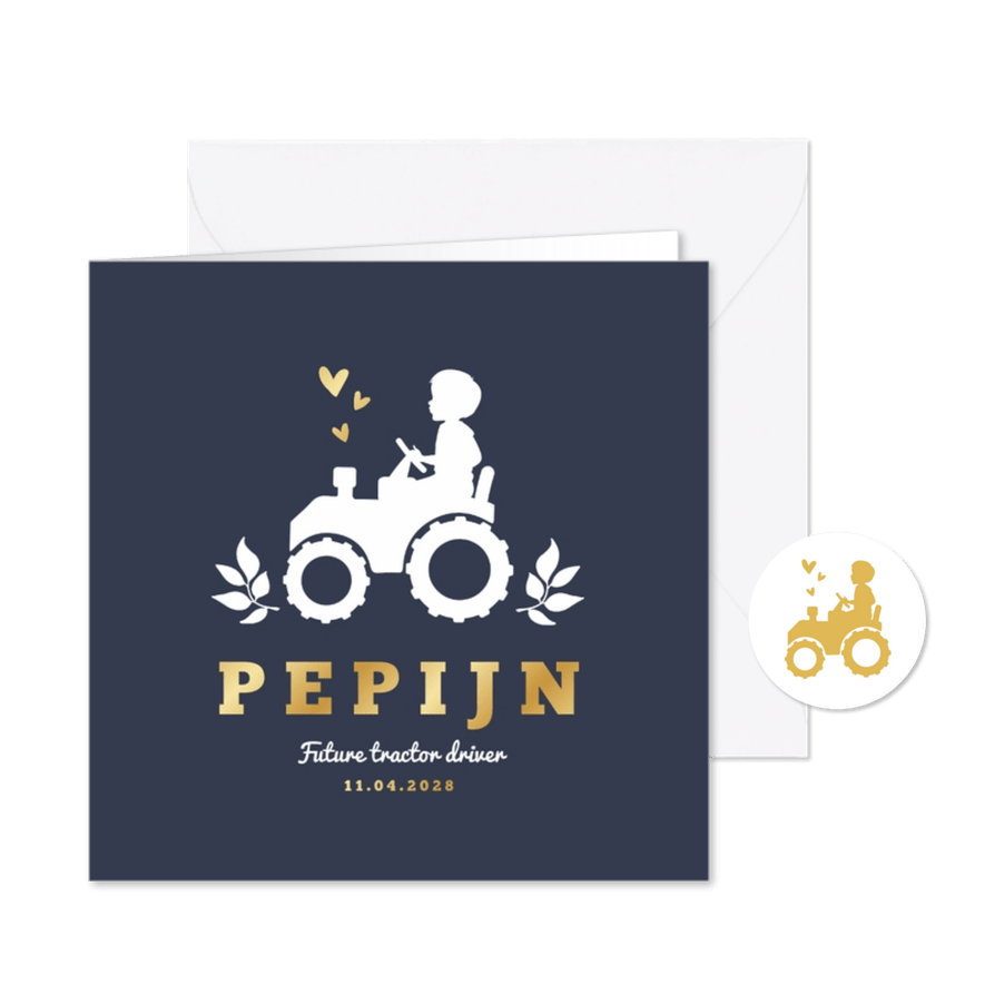 Geboortekaartje jongen tractor boerderij dieren silhouet - Kaartimpressie