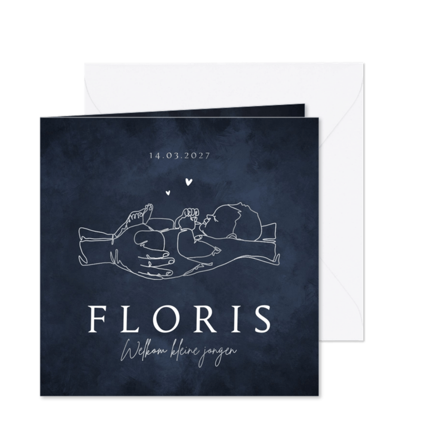 Geboortekaartje jongen trend line art baby hartjes voetjes - Kaartimpressie