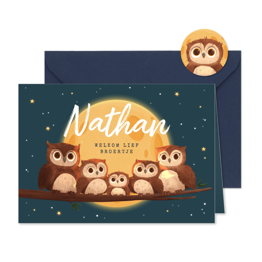 Geboortekaartje jongen uilen familie dieren maan derde kind - Kaartimpressie