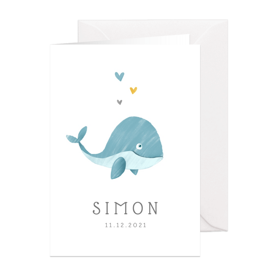 Geboortekaartje jongen walvis hartjes lief illustratie - Kaartimpressie