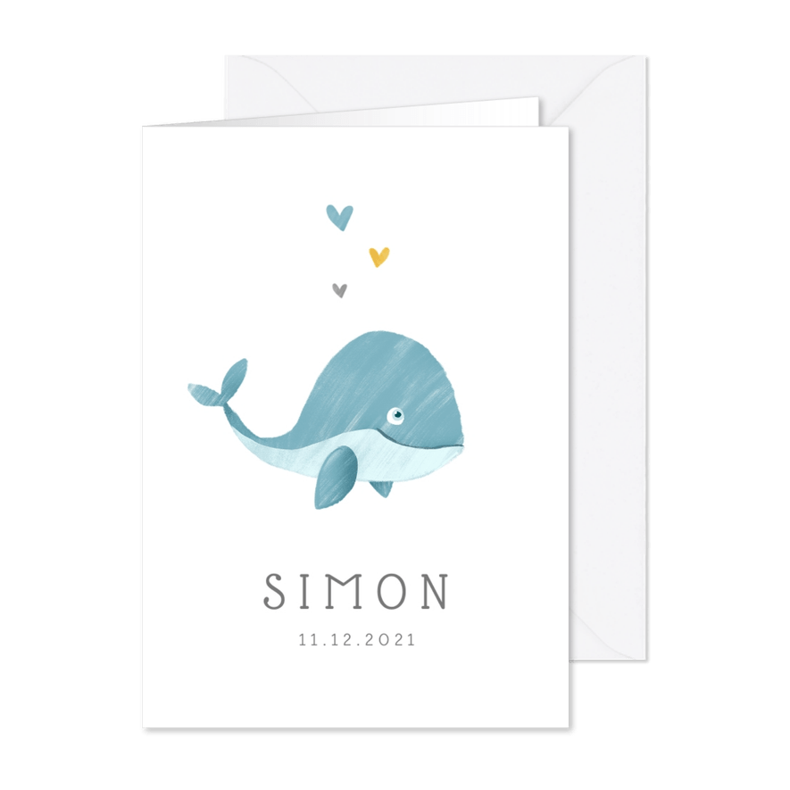 Geboortekaartje jongen walvis hartjes lief illustratie - Kaartimpressie