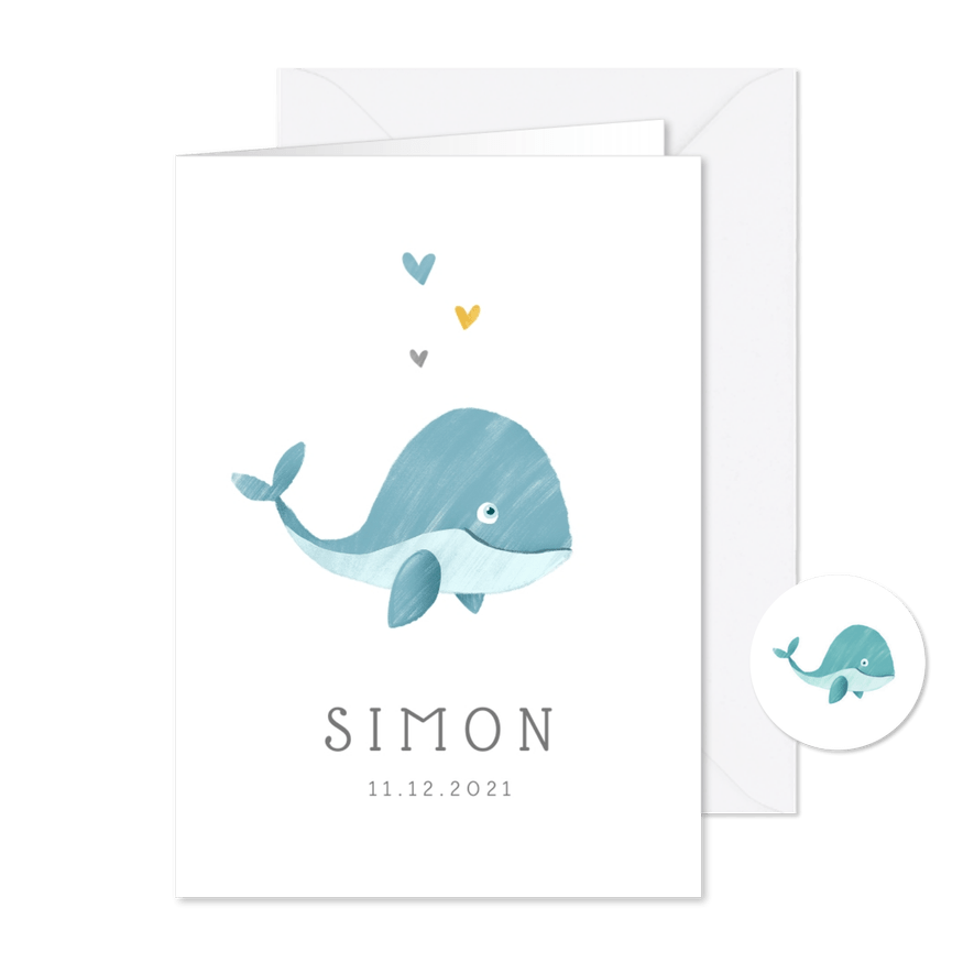 Geboortekaartje jongen walvis hartjes lief illustratie - Kaartimpressie
