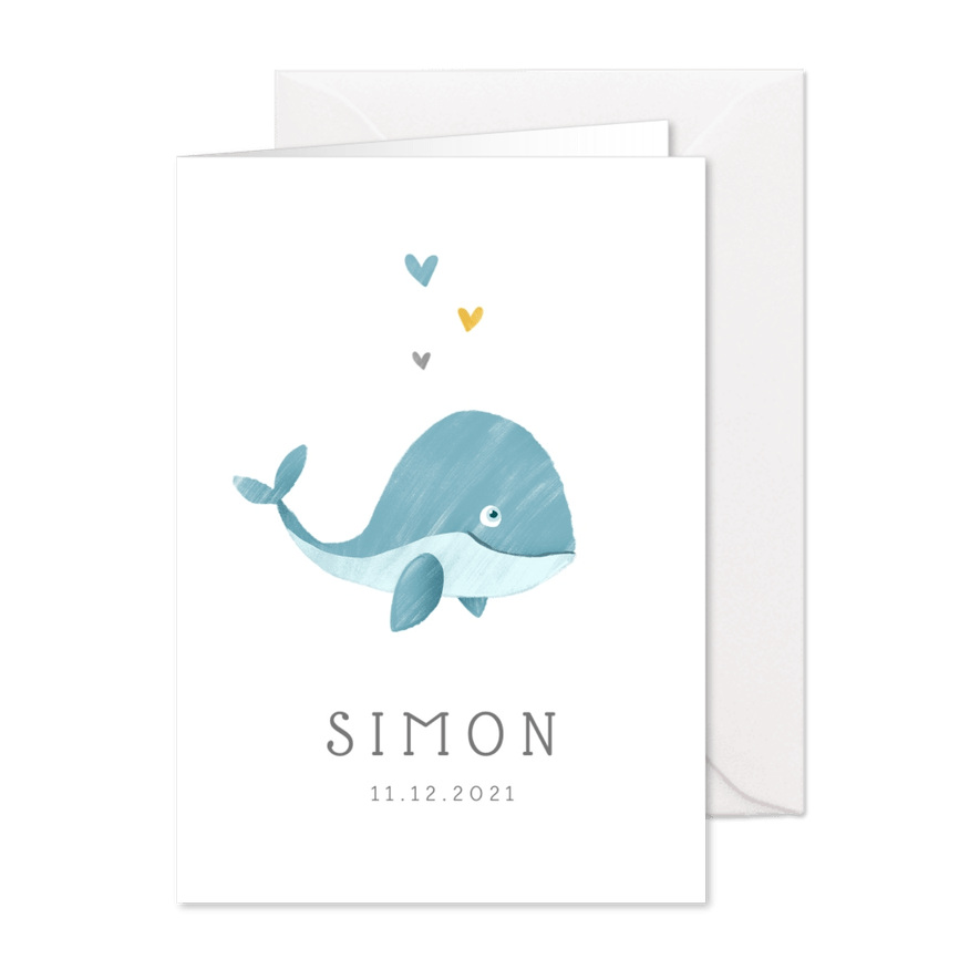 Geboortekaartje jongen walvis hartjes lief illustratie - Kaartimpressie