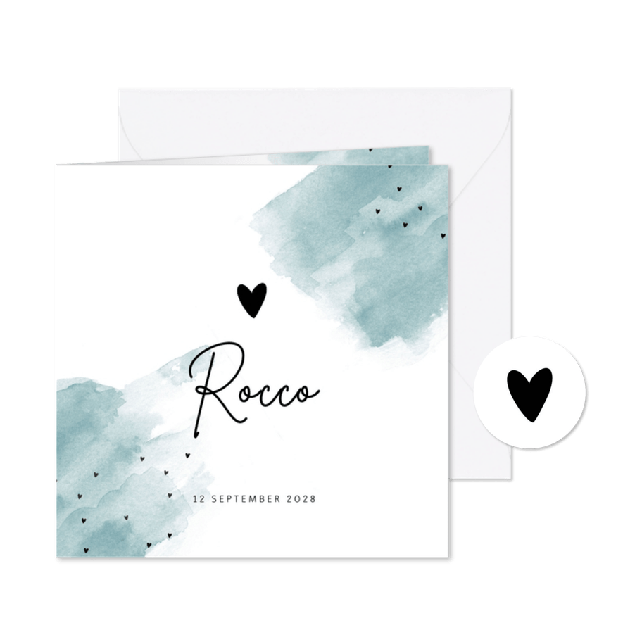 Geboortekaartje jongen watercolor brush hartjes - Kaartimpressie