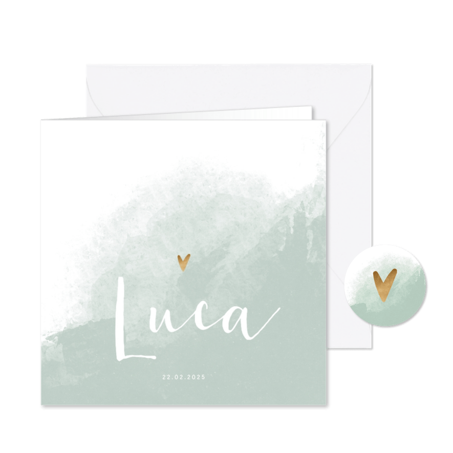 Geboortekaartje jongen waterverf met gouden hartje - Kaartimpressie