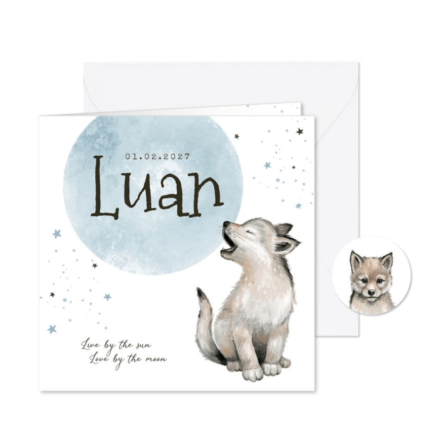 Geboortekaartje jongen wolf sterretjes maan waterverf - Kaartimpressie