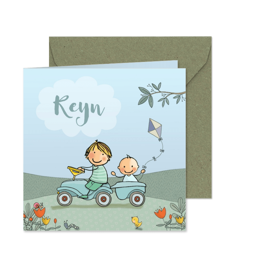 Geboortekaartje jongens in auto aanhangwagen - Kaartimpressie
