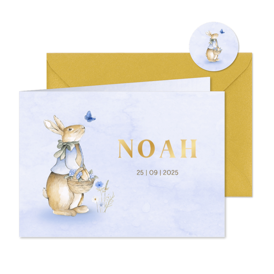Geboortekaartje jongetje met vintage konijntje met bloemen - Kaartimpressie