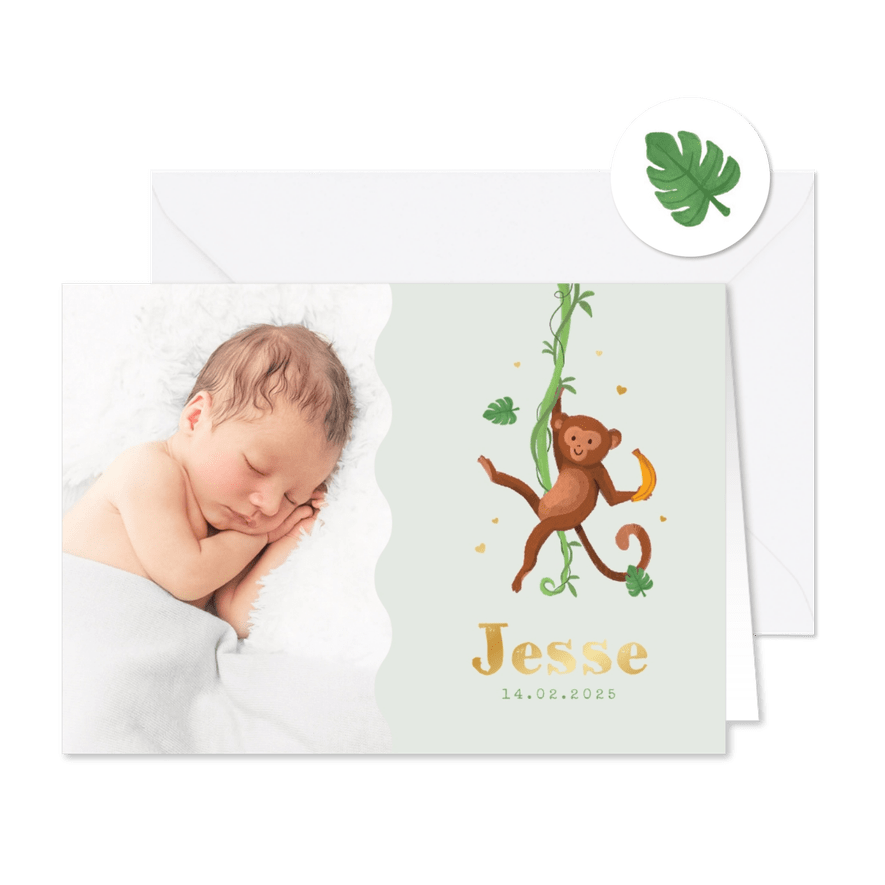 Geboortekaartje jungle aap groen hartjes goud foto - Kaartimpressie
