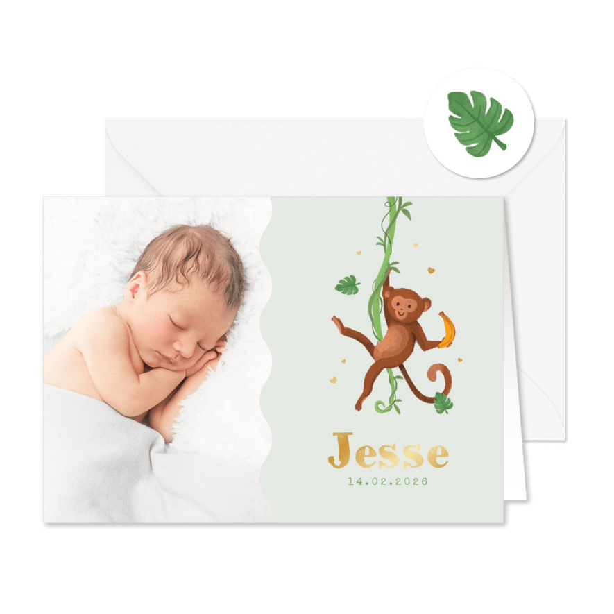 Geboortekaartje jungle aap groen hartjes goud foto - Kaartimpressie