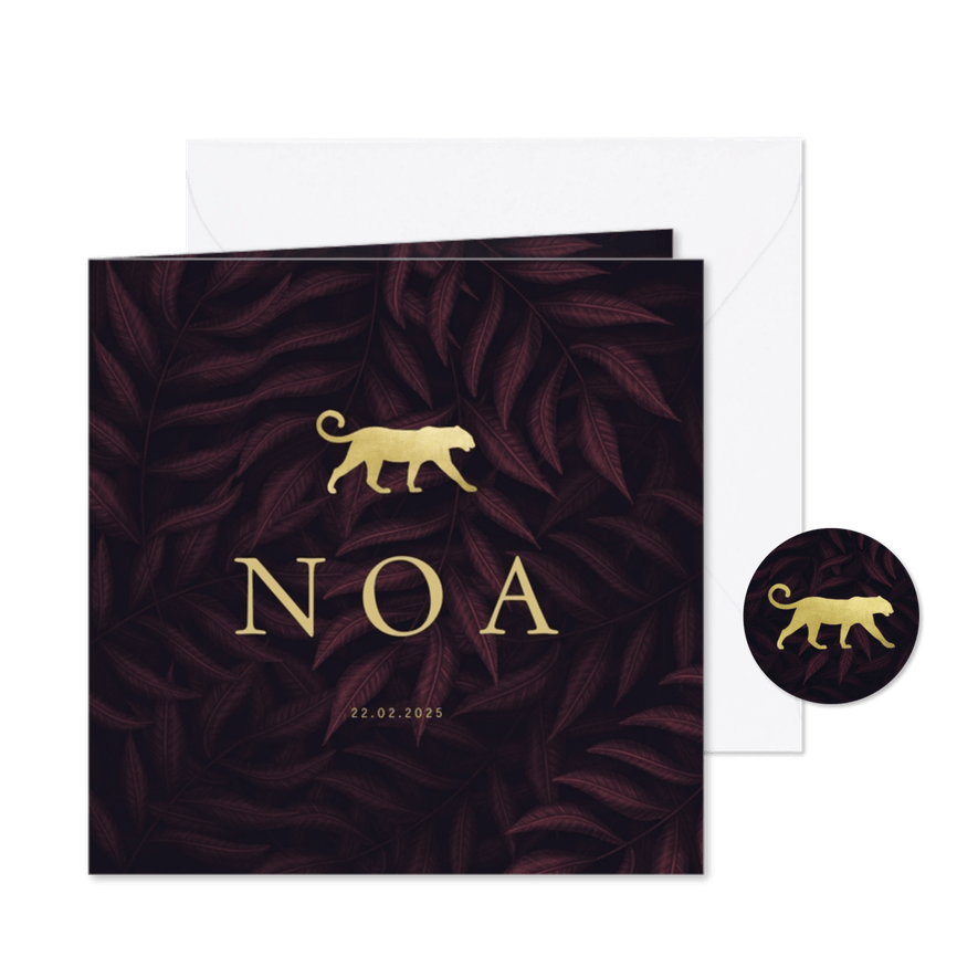 Geboortekaartje jungle bladeren met gouden panter silhouet - Kaartimpressie