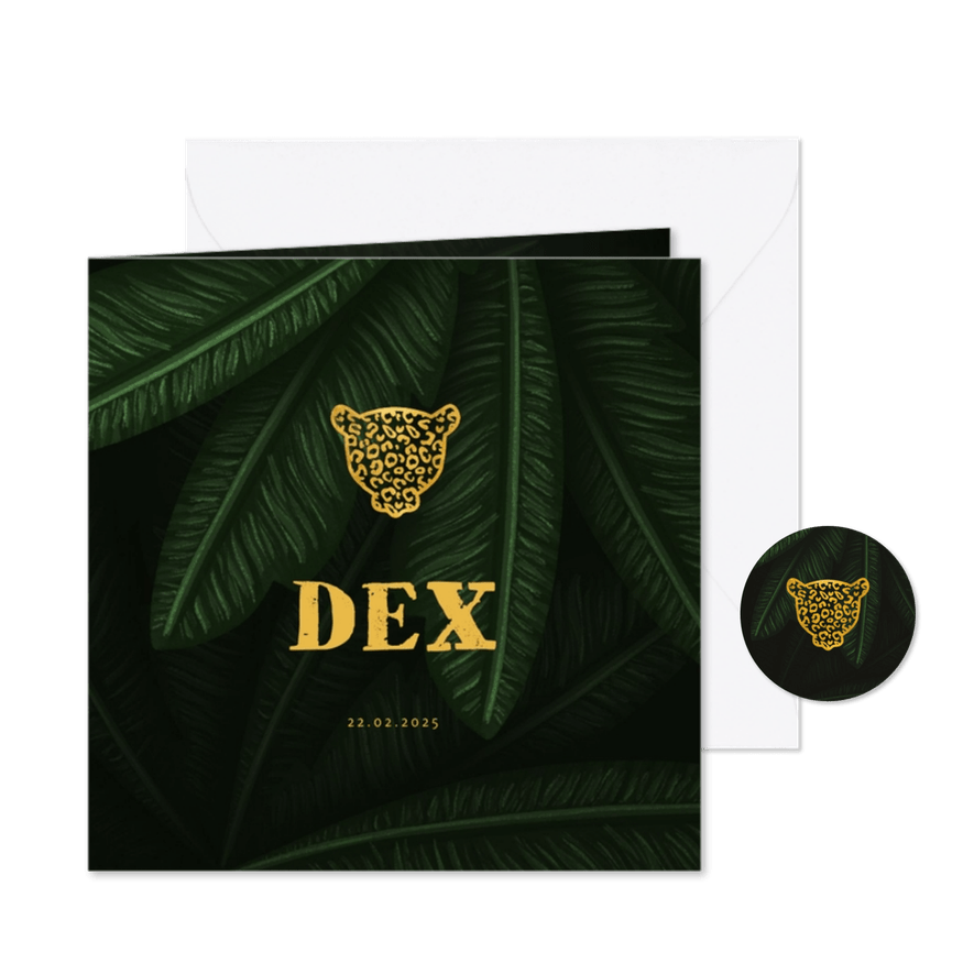 Geboortekaartje jungle bladeren met panter silhouet goud - Kaartimpressie