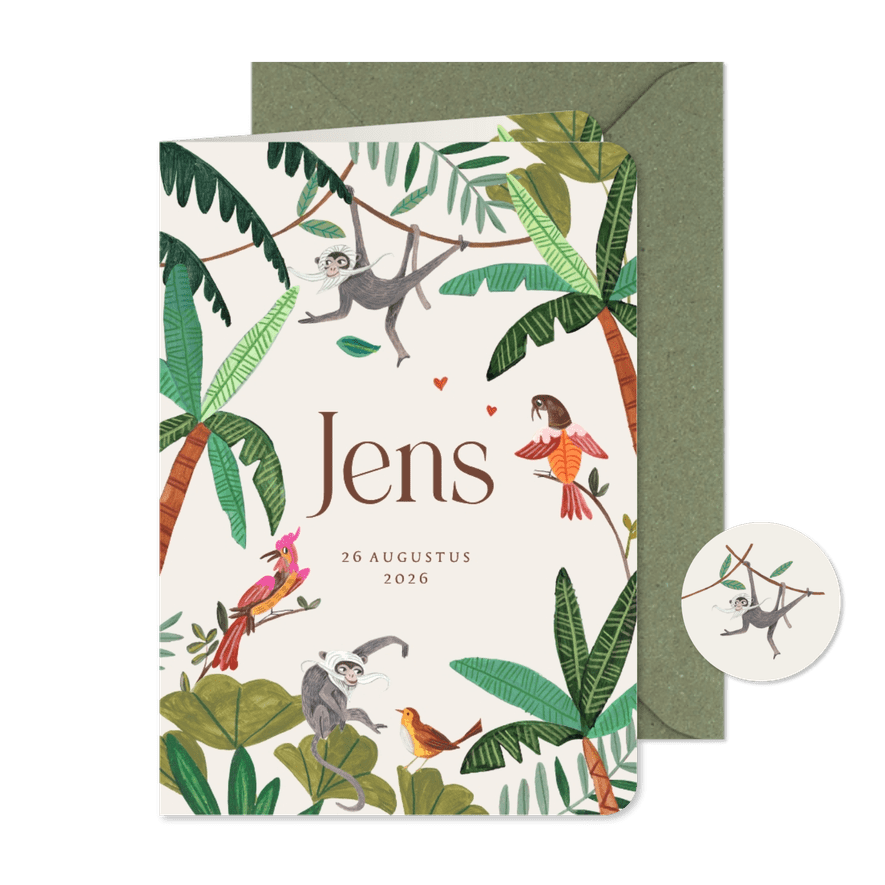 Geboortekaartje jungle dieren met aapjes en vogels - Kaartimpressie