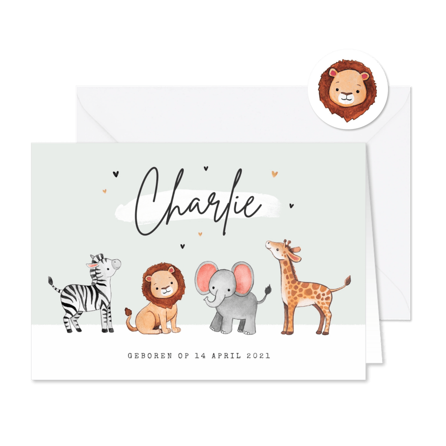 Geboortekaartje jungle dieren olifant zebra giraf leeuw - Kaartimpressie