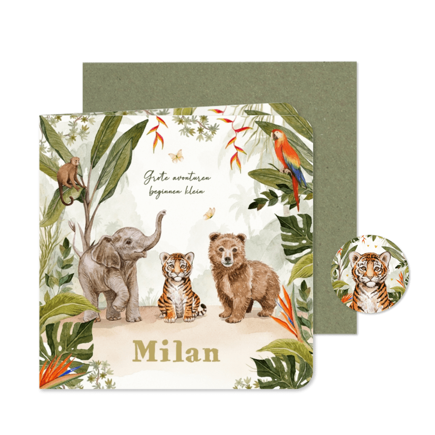 Geboortekaartje jungle dieren schattig waterverf illustratie - Kaartimpressie