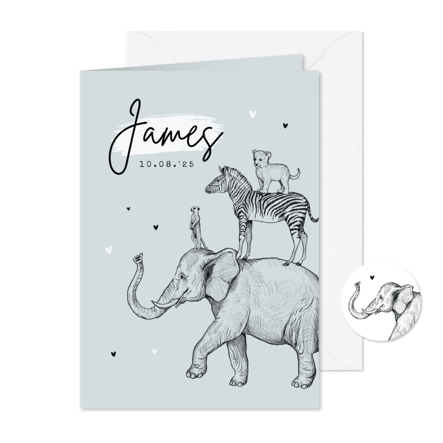 Geboortekaartje jungle dieren stokstaart olifant leeuw zebra - Kaartimpressie