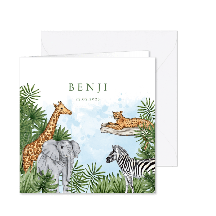 Geboortekaartje jungle dieren waterverf blauw - Kaartimpressie