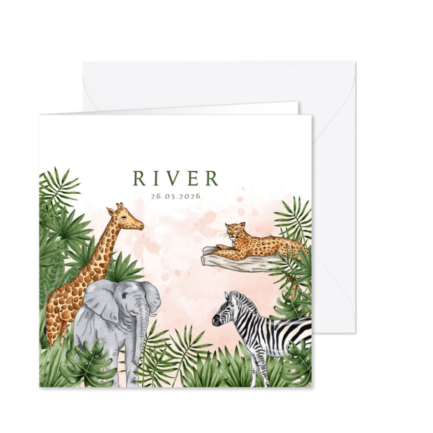 Geboortekaartje jungle dieren waterverf roze - Kaartimpressie