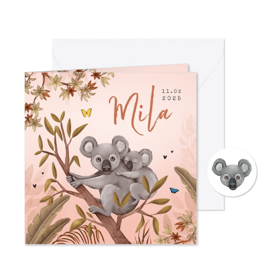 Geboortekaartje jungle meisje koala beer vlinders - Kaartimpressie