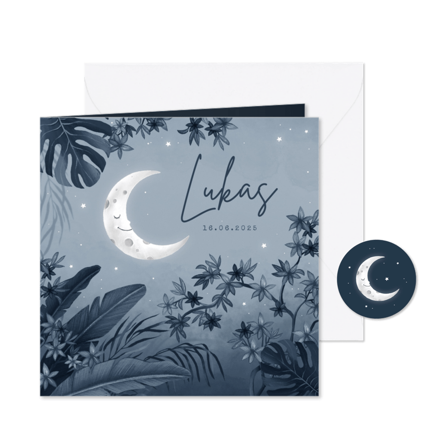 Geboortekaartje jungle nacht maan sterren blauw vintage - Kaartimpressie
