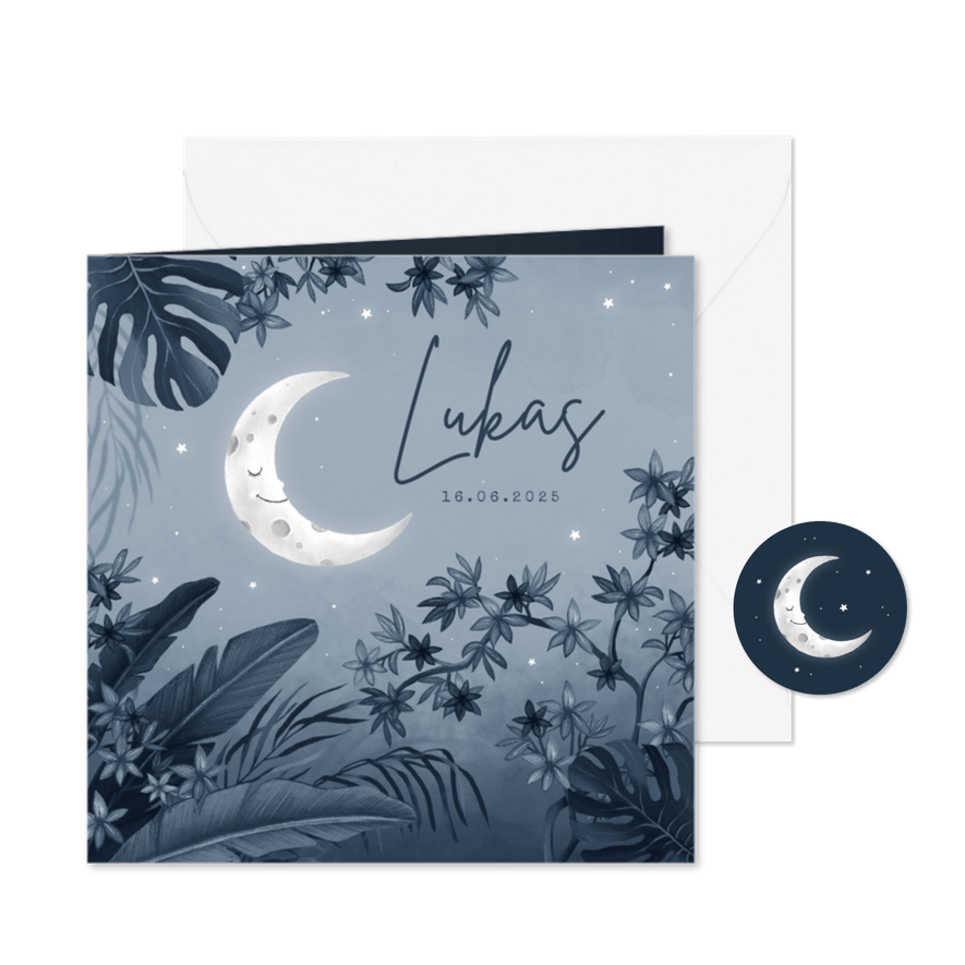 Geboortekaartje jungle nacht maan sterren blauw vintage - Kaartimpressie