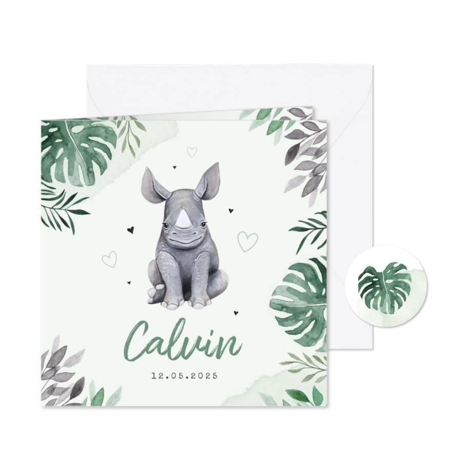 Geboortekaartje jungle neushoorn hartjes groen waterverf - Kaartimpressie