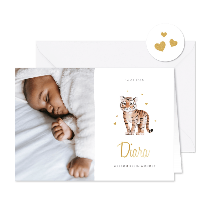 Geboortekaartje jungle tijgertje hartjes goud foto - Kaartimpressie