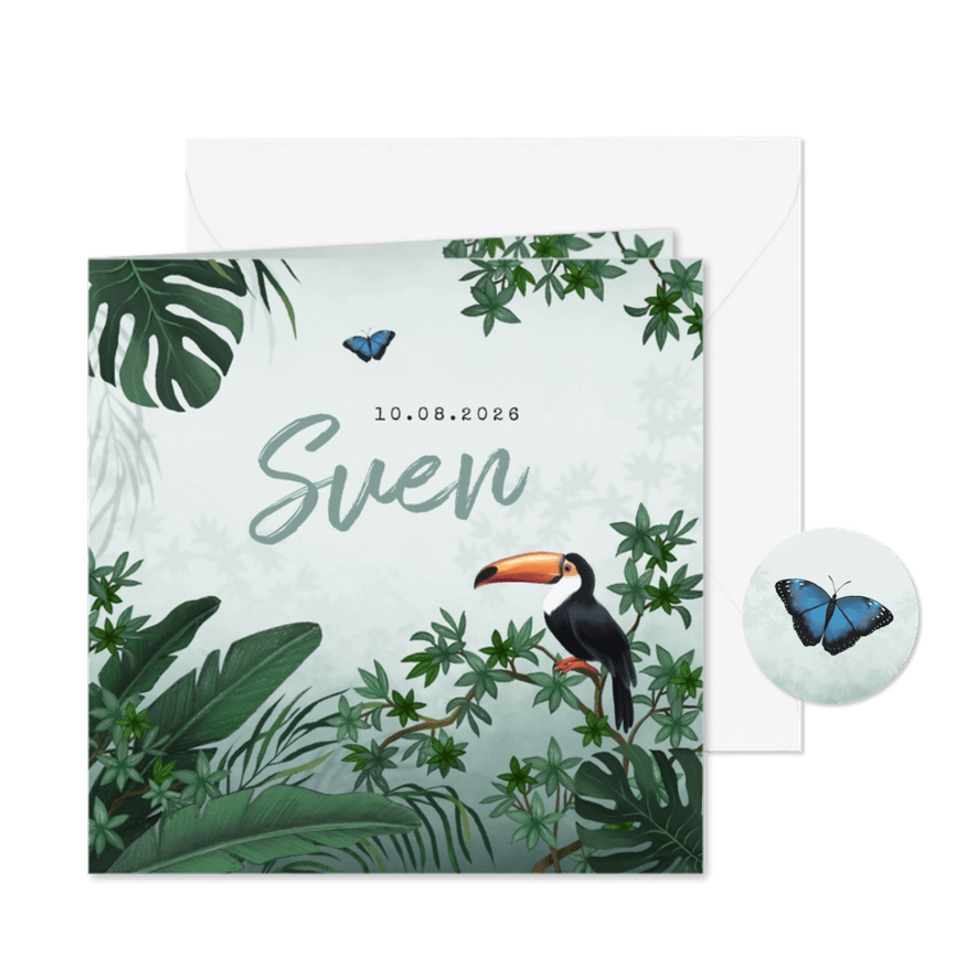 Geboortekaartje jungle toekan vlinder dieren groen - Kaartimpressie