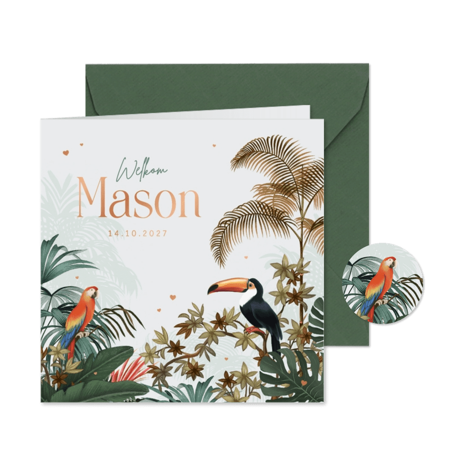 Geboortekaartje jungle vogels papegaai toekan hartjes koper - Kaartimpressie