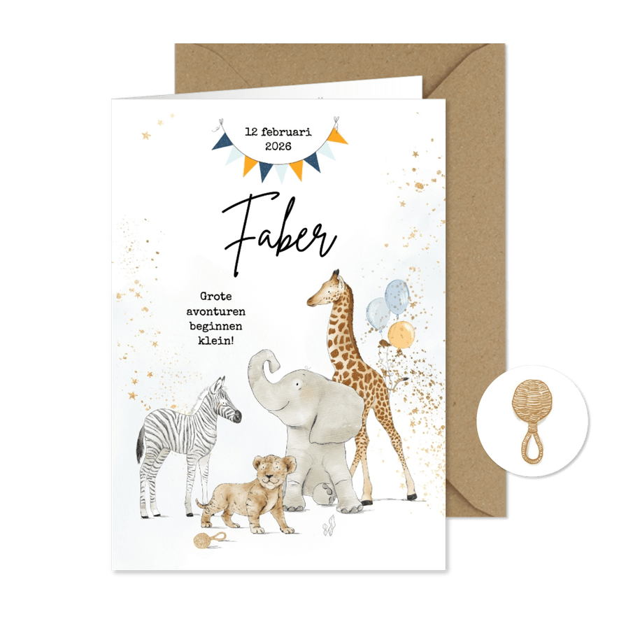 Geboortekaartje jungledieren waterverf goudlook vlaggen - Kaartimpressie