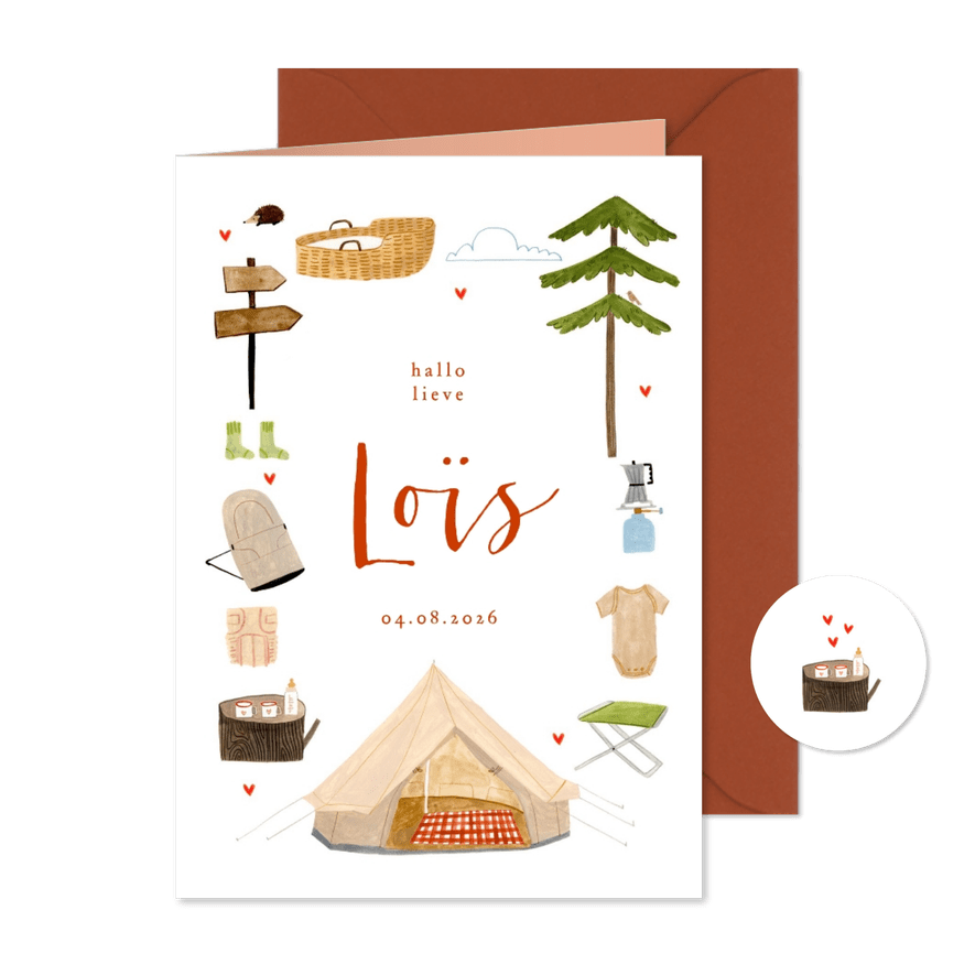 Geboortekaartje kamperen tent, hartjes en baby spulletjes - Kaartimpressie