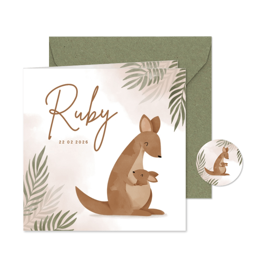 Geboortekaartje kangoeroe met jungle bladeren en waterverf - Kaartimpressie