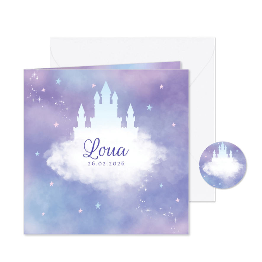 Geboortekaartje kasteel wolken sterren meisje - Kaartimpressie