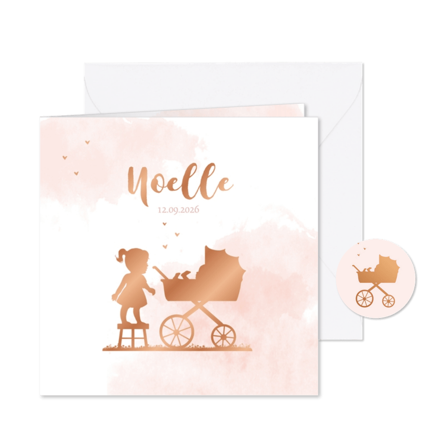 Geboortekaartje kinderwagen met zusje silhouet - Kaartimpressie