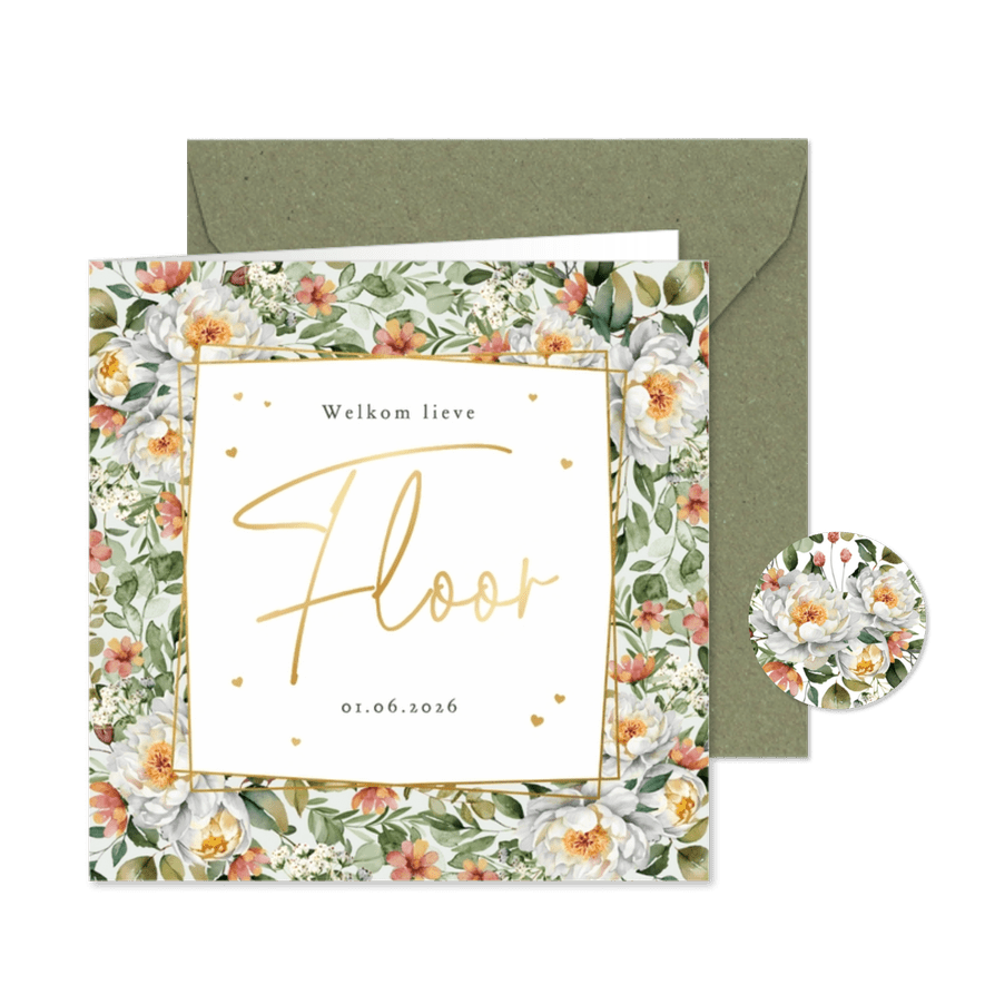 Geboortekaartje klassiek bloemen hartjes groen meisje - Kaartimpressie