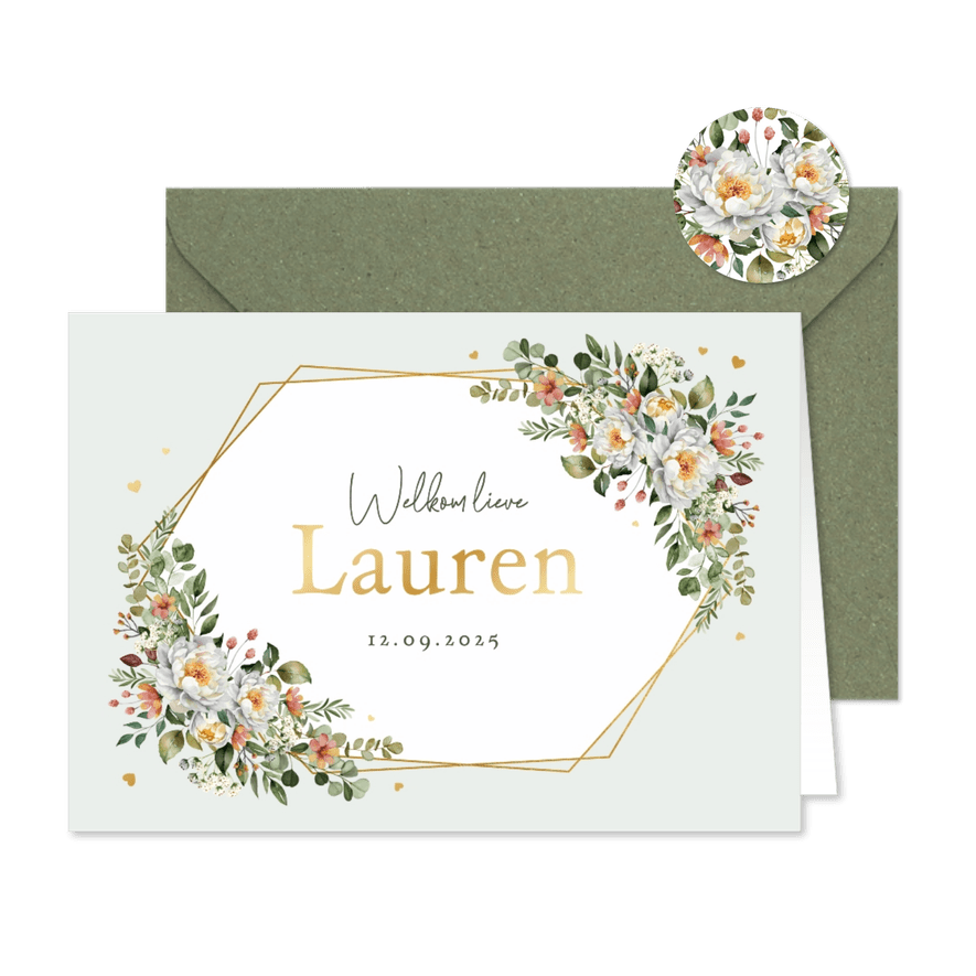 Geboortekaartje klassiek goud bloemen hartjes groen - Kaartimpressie