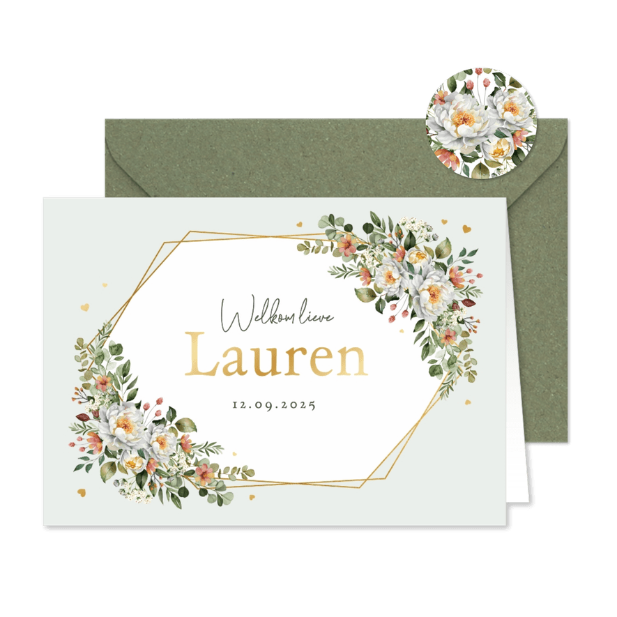 Geboortekaartje klassiek goud bloemen hartjes groen - Kaartimpressie
