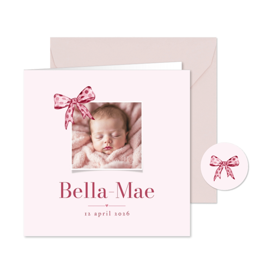 Geboortekaartje klassiek meisje foto strikje roze stippen - Kaartimpressie