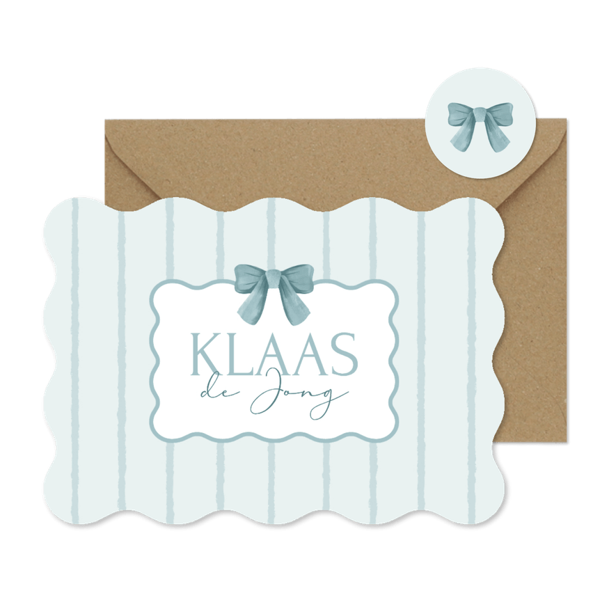 Geboortekaartje klassiek vintage gestreept strikje blauw - Kaartimpressie