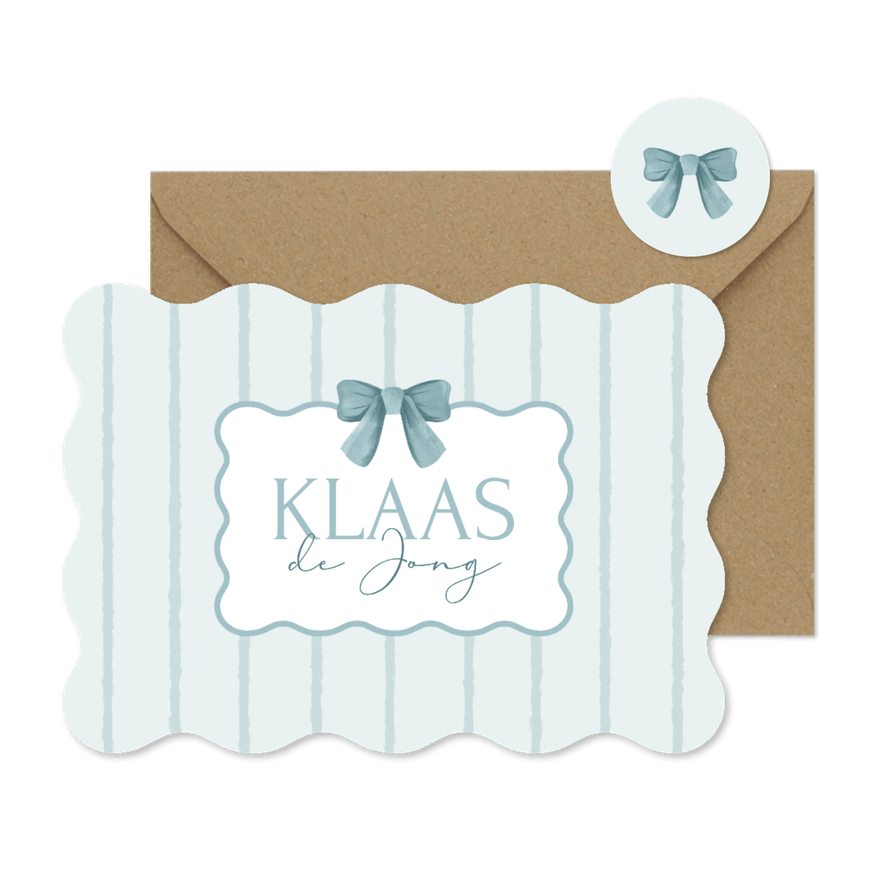 Geboortekaartje klassiek vintage gestreept strikje blauw - Kaartimpressie