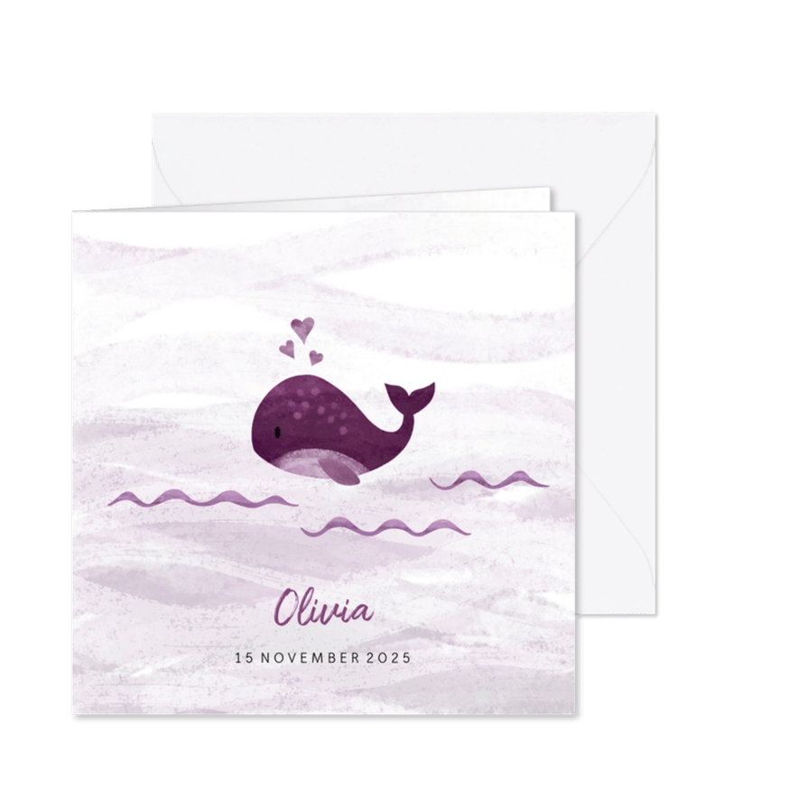 Geboortekaartje kleine walvis met hartjes roze - Kaartimpressie
