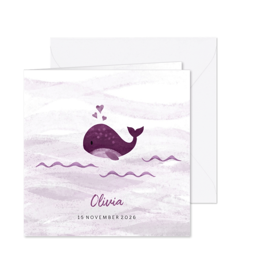 Geboortekaartje kleine walvis met hartjes roze - Kaartimpressie