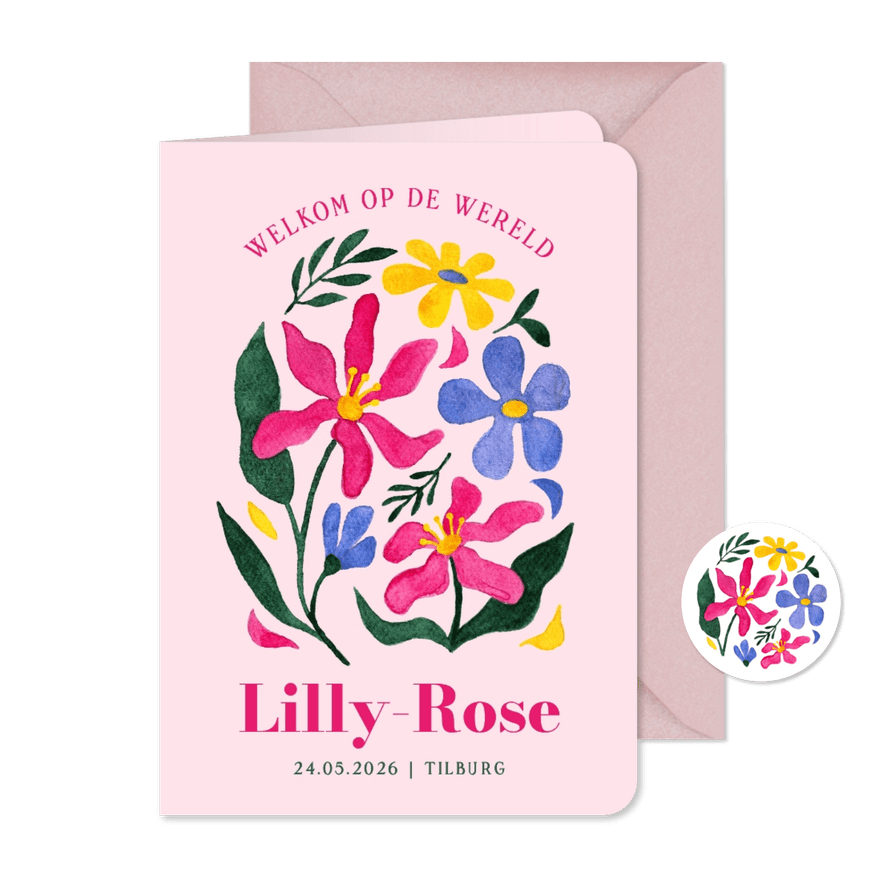 Geboortekaartje kleurrijk bloemen grafisch waterverf roze - Kaartimpressie