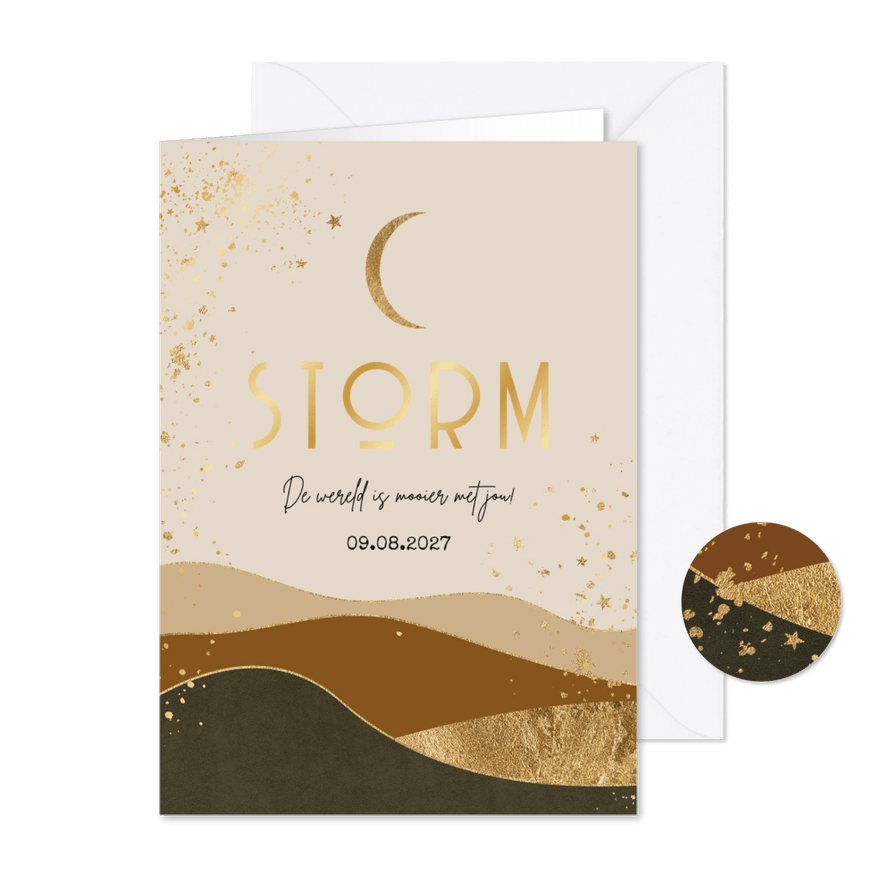 Geboortekaartje kleurrijk landschap maan goudfolie sterren - Kaartimpressie