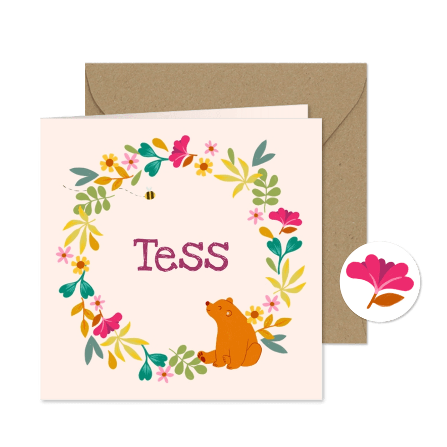Geboortekaartje kleurrijke bloemen krans met beer en bij - Kaartimpressie