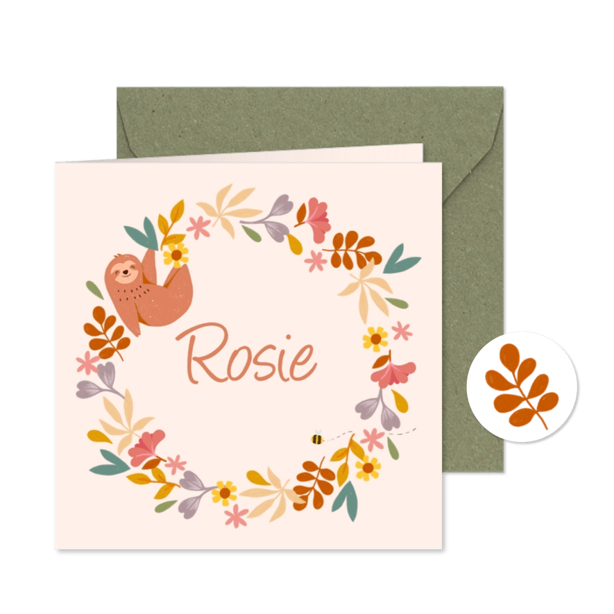 Geboortekaartje kleurrijke bloemenkrans met luiaard - Kaartimpressie