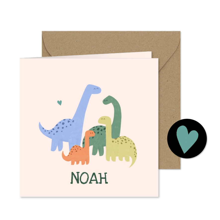 Geboortekaartje kleurrijke dino gezin broertje zusje - Kaartimpressie